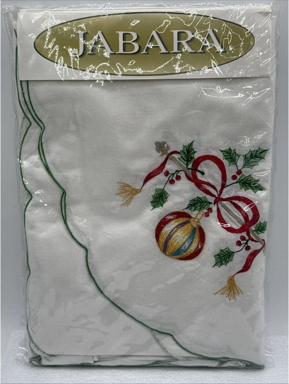Vintage 1999 Jabara Christmas Ornaments Tablecloth Embroidered 65”x84” Cotton